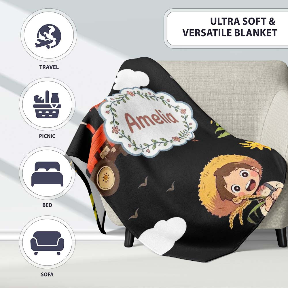 Cute Farm Tractor Duck Girl Farming Scene Black Background Seamless Personalised Custom Name Super Soft Fleece Blanket Bed Sofa Throw
