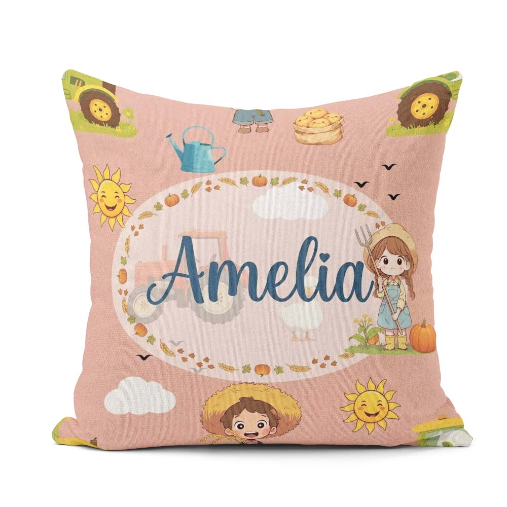Custom Name Farm Tractor Duck Girl Farming Scene Peach Seamless Square Filled Cushion Throw Pillow Sofa Bed Home Decor Zip Washable UK Made