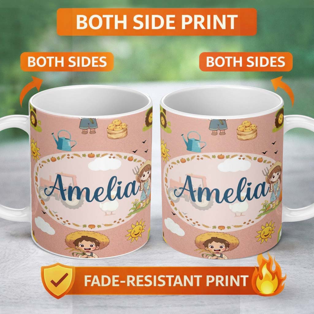 Personalized Custom Name Cute Farm Tractor Duck Girl Farming Scene Peach Background Seamless 11oz Ceramic Coffee Tea Mug White Large Handle