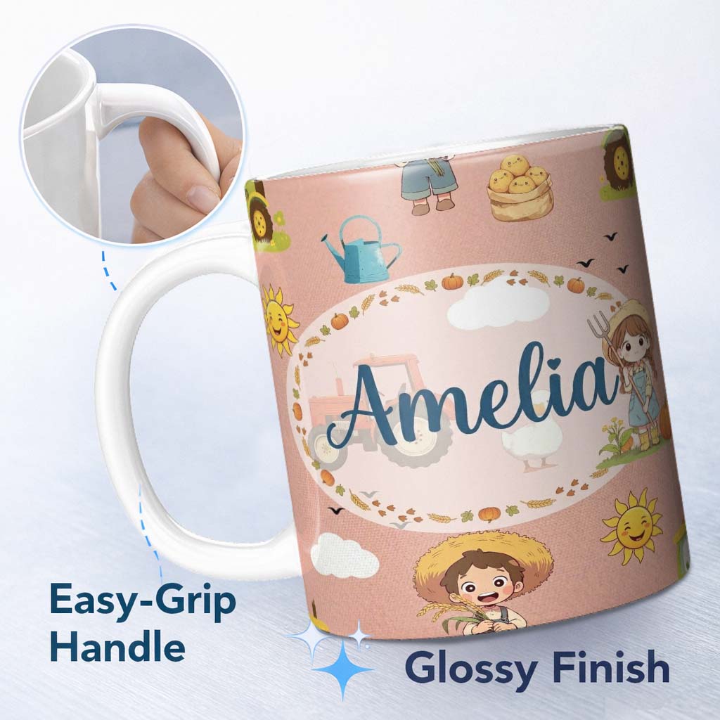 Personalized Custom Name Cute Farm Tractor Duck Girl Farming Scene Peach Background Seamless 11oz Ceramic Coffee Tea Mug White Large Handle