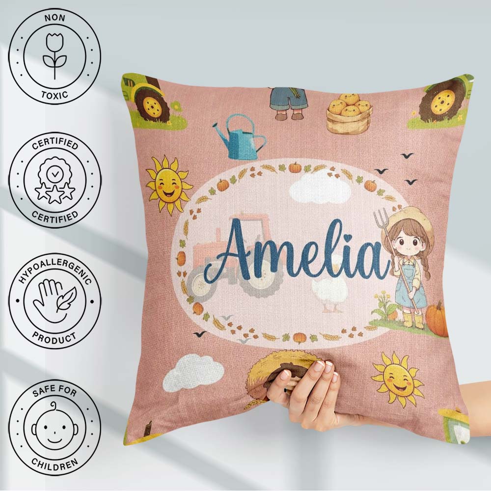 Custom Name Farm Tractor Duck Girl Farming Scene Peach Seamless Square Filled Cushion Throw Pillow Sofa Bed Home Decor Zip Washable UK Made