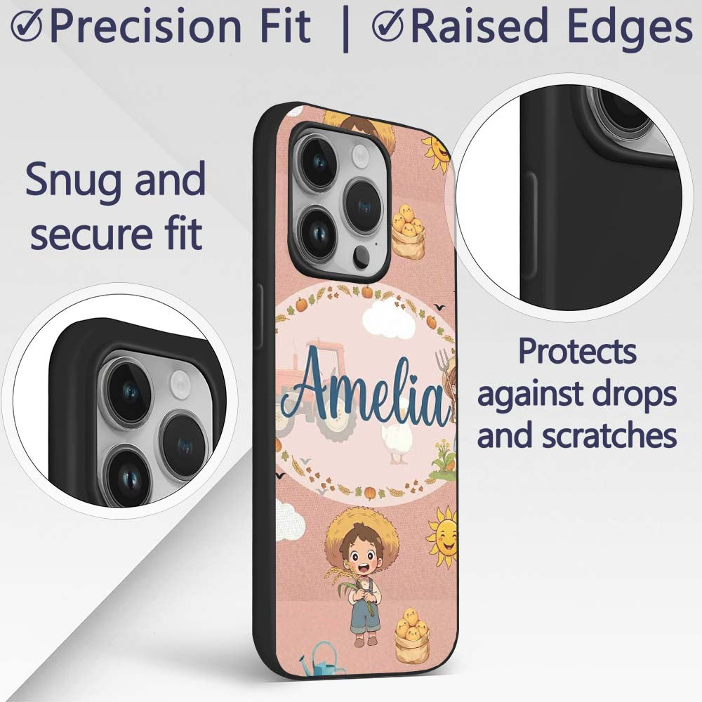 Cute Farm Tractor Duck Girl Farming Scene Peach Custom Name Protective Phone Case Mobile Cover Durable Everyday Smartphone Shock Resistant