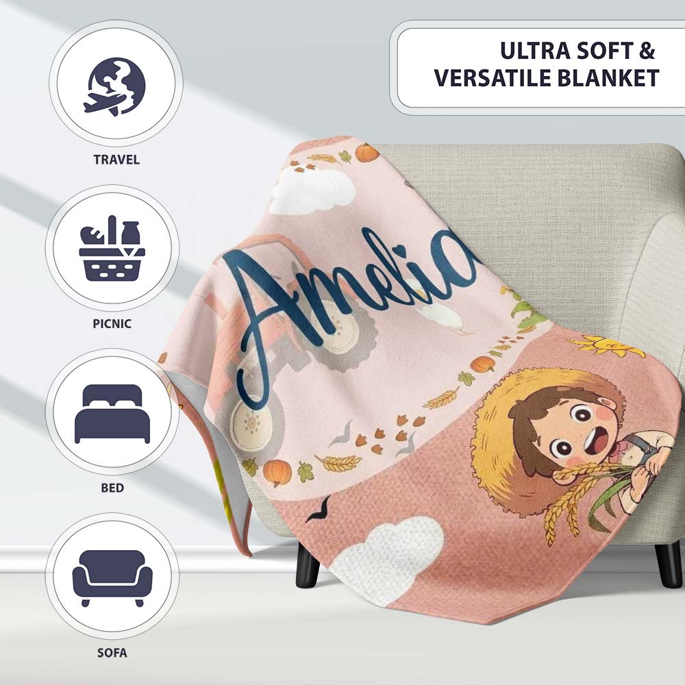 Cute Farm Tractor Duck Girl Farming Scene Peach Background Seamless Personalised Custom Name Super Soft Fleece Blanket Bed Sofa Throw