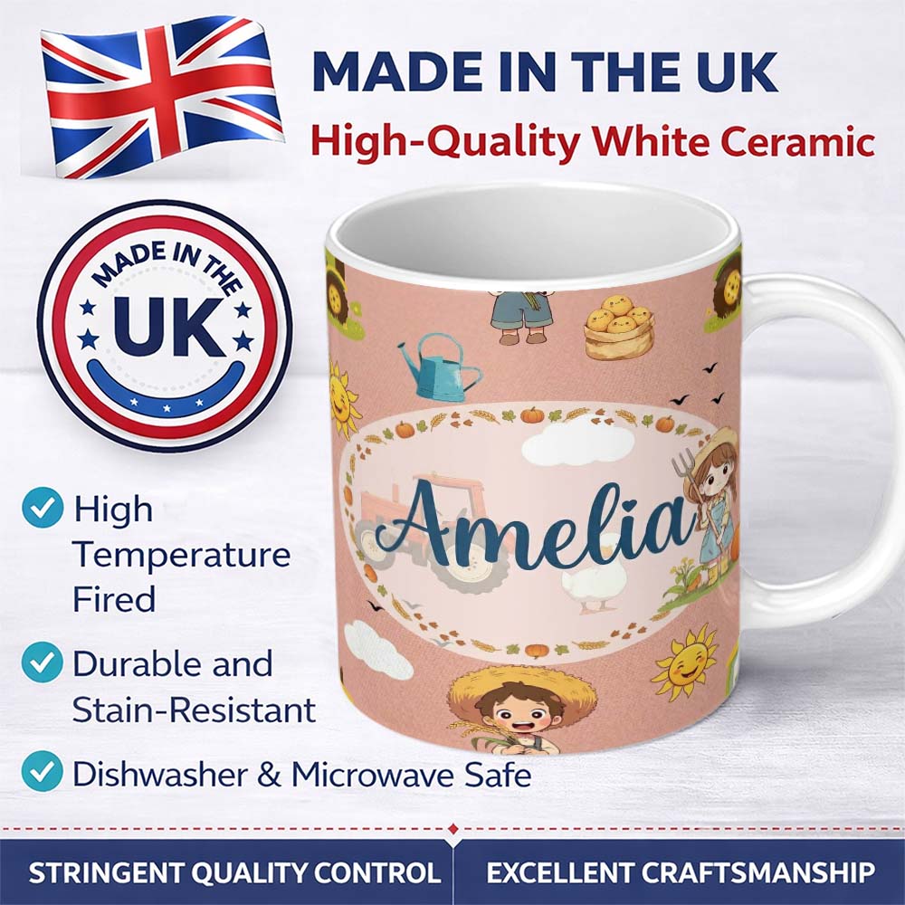 Personalized Custom Name Cute Farm Tractor Duck Girl Farming Scene Peach Background Seamless 11oz Ceramic Coffee Tea Mug White Large Handle