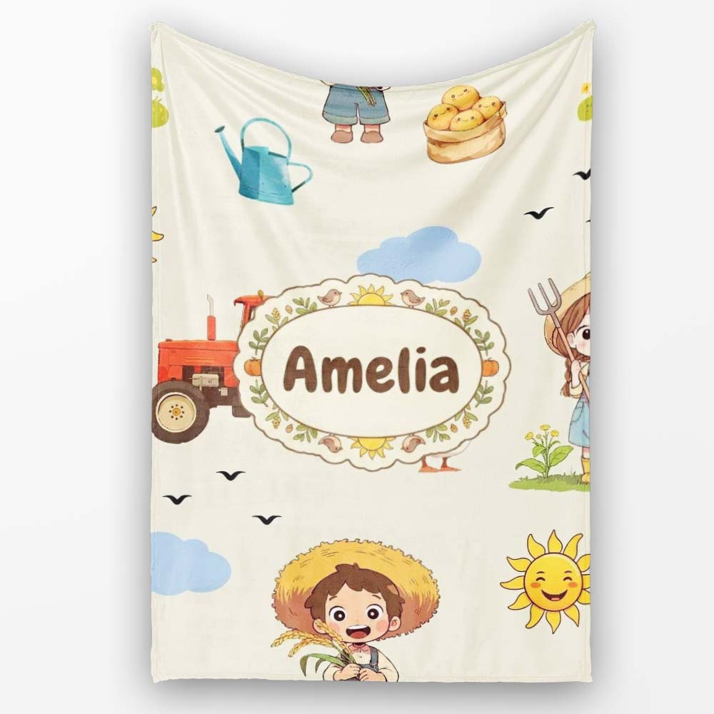 Cute Farm Tractor Duck Girl Farming Scene Cream Background Seamless Personalised Custom Name Super Soft Fleece Blanket Bed Sofa Throw