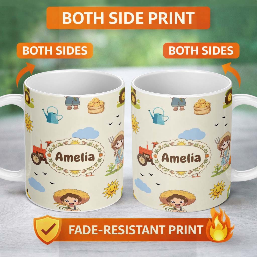 Personalized Custom Name Cute Farm Tractor Duck Girl Farming Scene Cream Background Seamless 11oz Ceramic Coffee Tea Mug White Large Handle