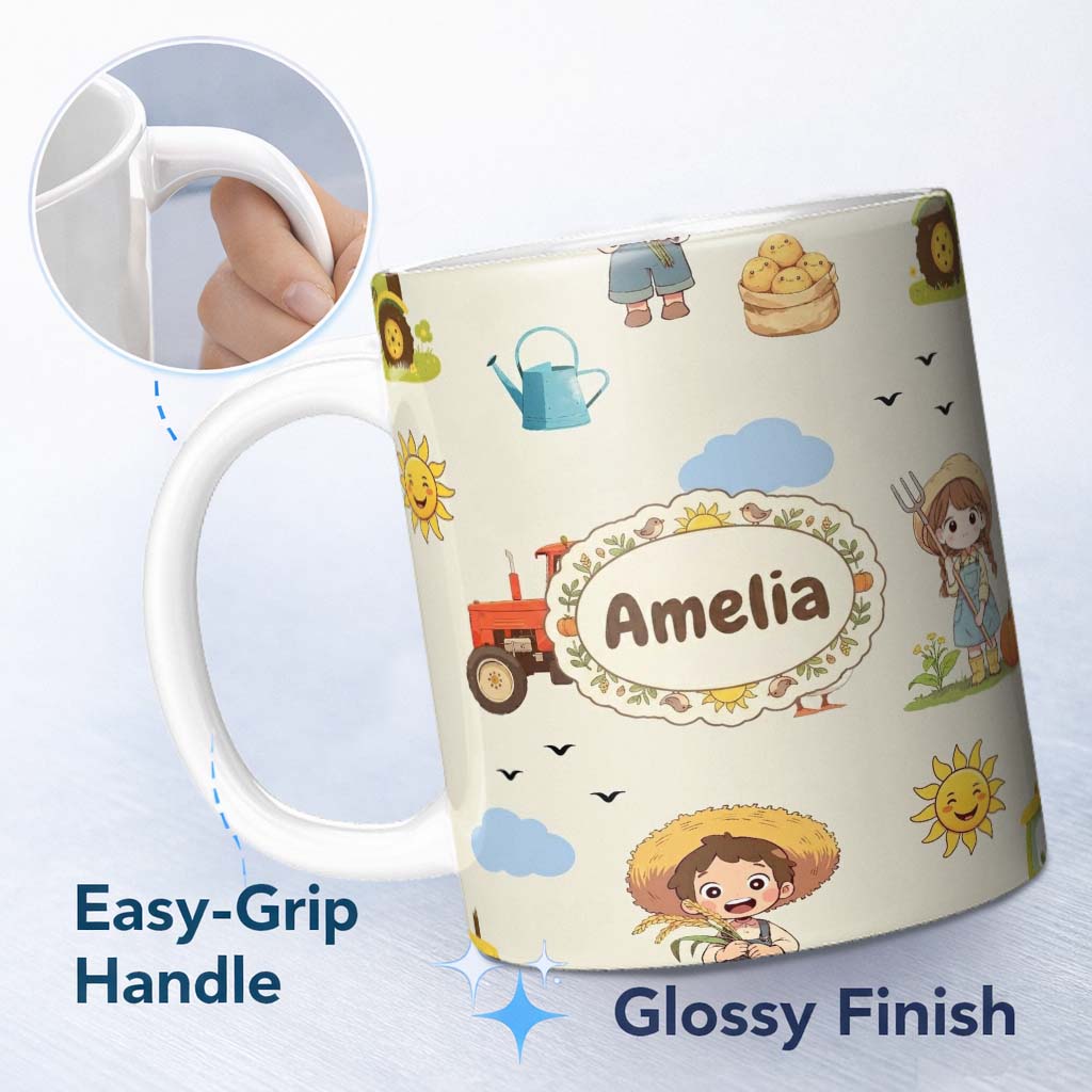 Personalized Custom Name Cute Farm Tractor Duck Girl Farming Scene Cream Background Seamless 11oz Ceramic Coffee Tea Mug White Large Handle