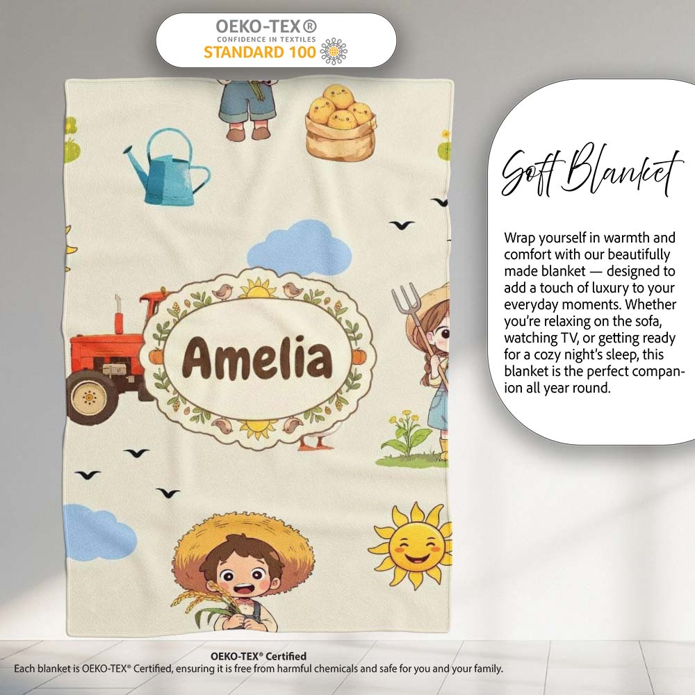 Cute Farm Tractor Duck Girl Farming Scene Cream Background Seamless Personalised Custom Name Super Soft Fleece Blanket Bed Sofa Throw