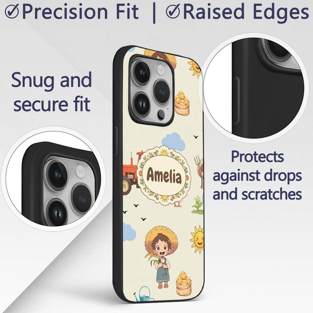Cute Farm Tractor Duck Girl Farming Scene Cream Custom Name Protective Phone Case Mobile Cover Durable Everyday Smartphone Shock Resistant
