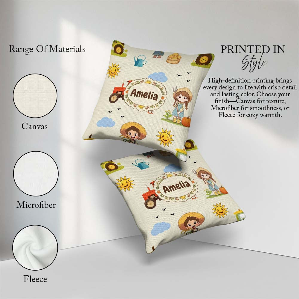 Custom Name Farm Tractor Duck Girl Farming Scene Cream Seamless Square Filled Cushion Throw Pillow Sofa Bed Home Decor Zip Washable UK Made