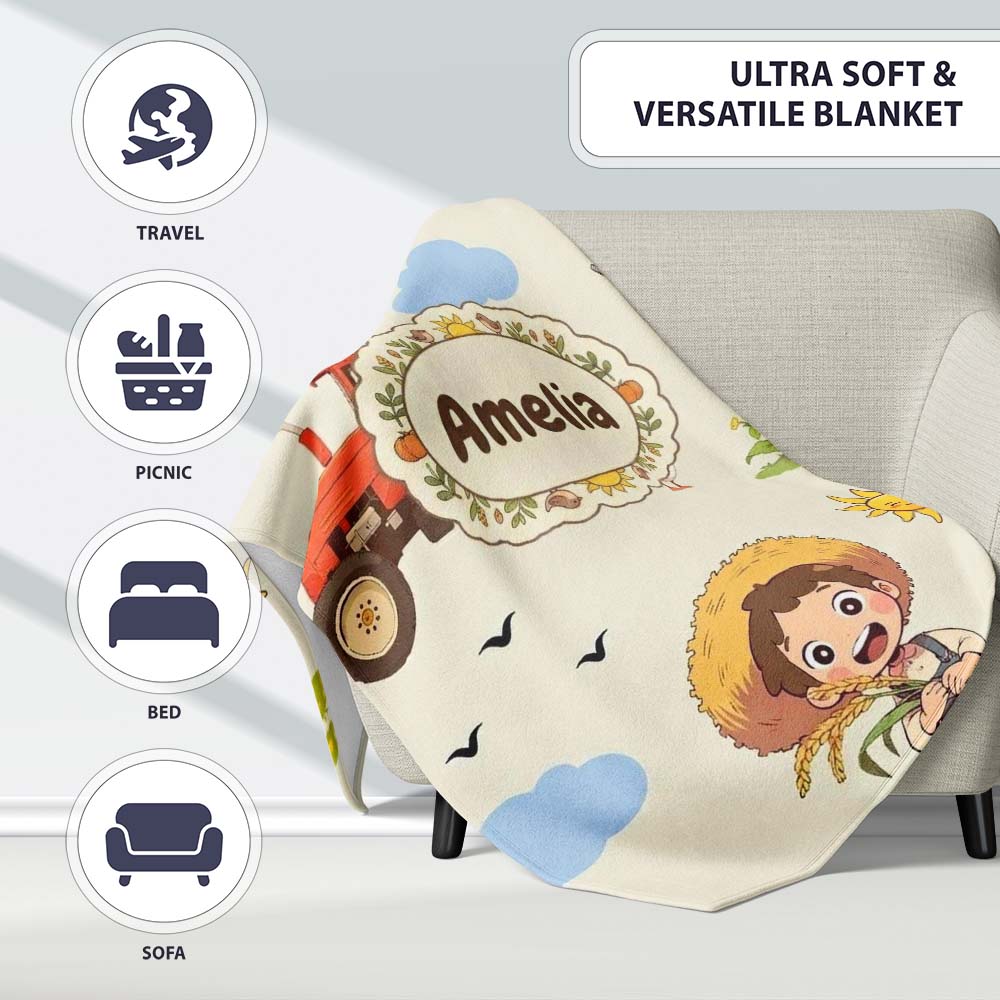 Cute Farm Tractor Duck Girl Farming Scene Cream Background Seamless Personalised Custom Name Super Soft Fleece Blanket Bed Sofa Throw