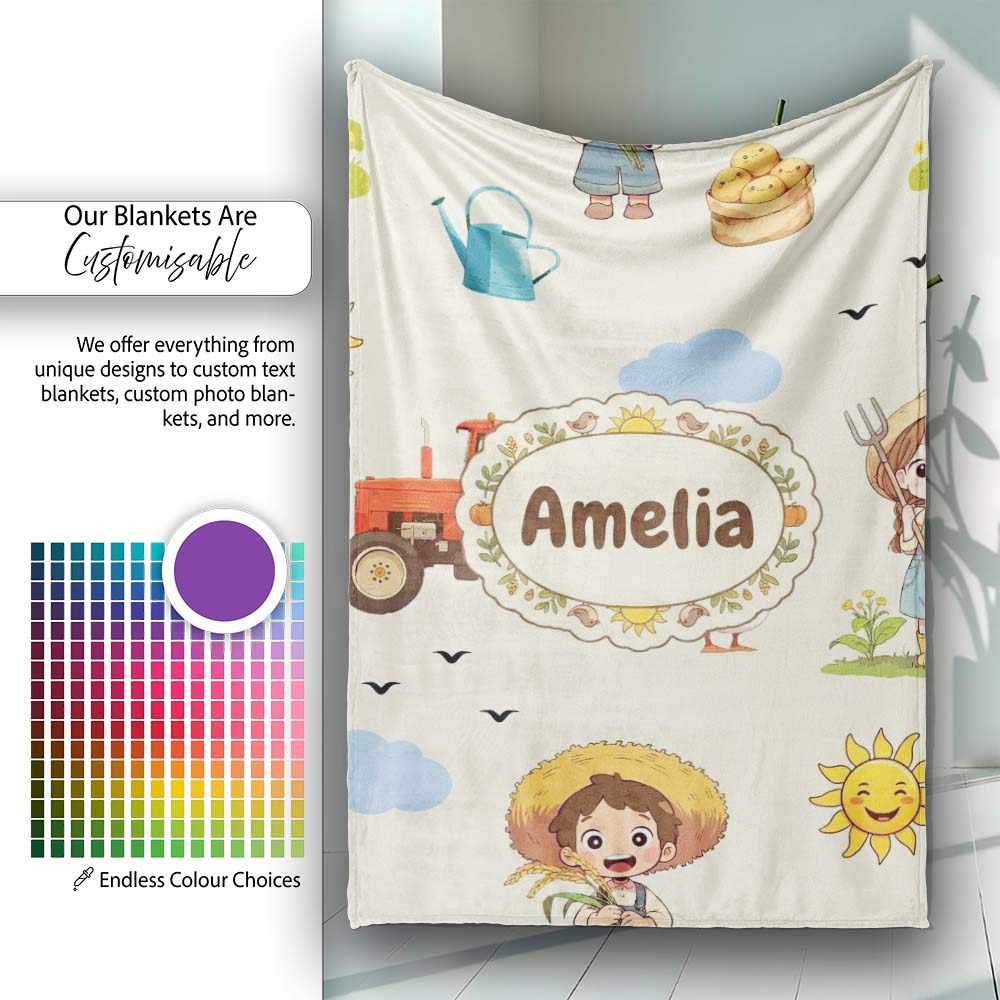 Cute Farm Tractor Duck Girl Farming Scene Cream Background Seamless Personalised Custom Name Super Soft Fleece Blanket Bed Sofa Throw