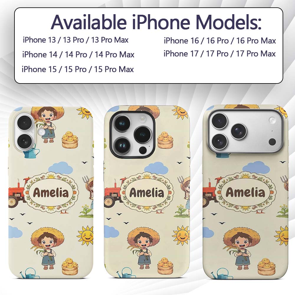 Cute Farm Tractor Duck Girl Farming Scene Cream Custom Name Protective Phone Case Mobile Cover Durable Everyday Smartphone Shock Resistant