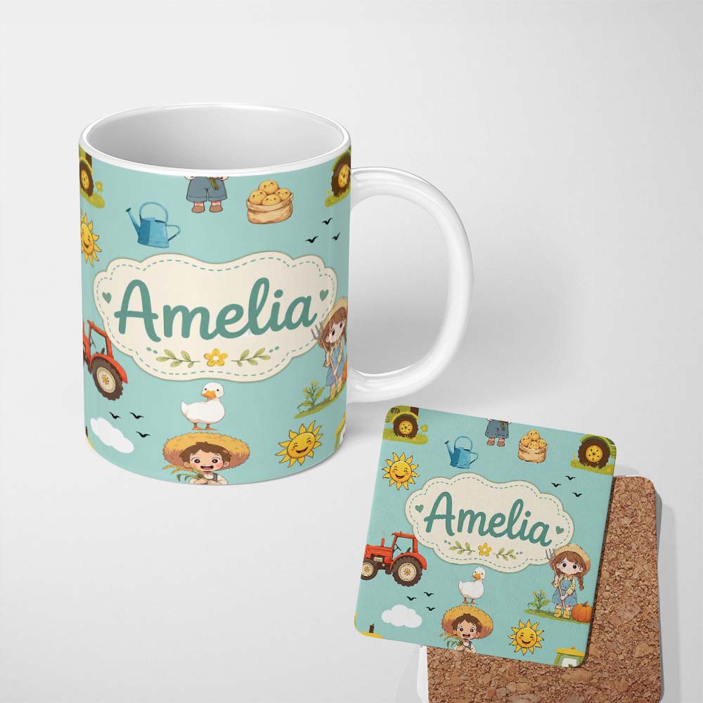 Personalized Custom Name Cute Farm Tractor Duck Girl Sunny Field Teal Background Seamless 11oz Ceramic Coffee Tea Mug White Large Handle