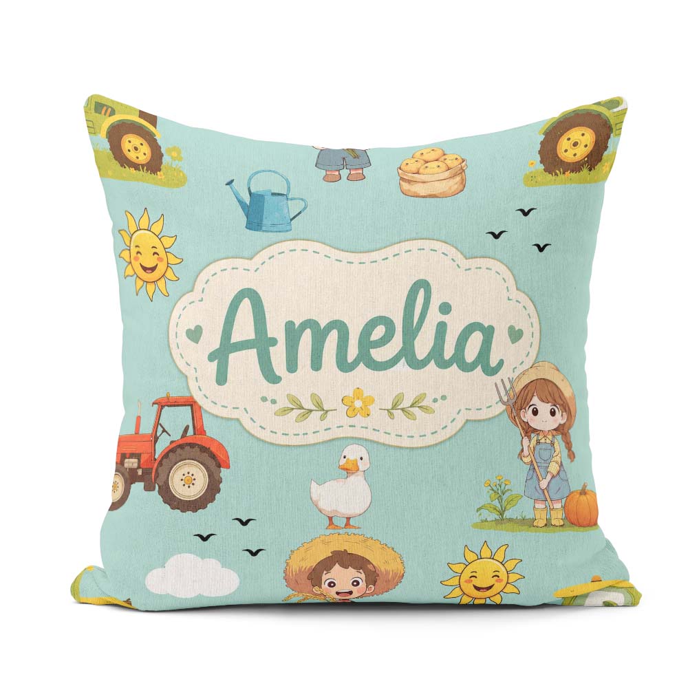 Custom Name Farm Duck Girl Sunny Field Teal Background Seamless Square Filled Cushion Throw Pillow Sofa Bed Home Decor Zip Washable UK Made