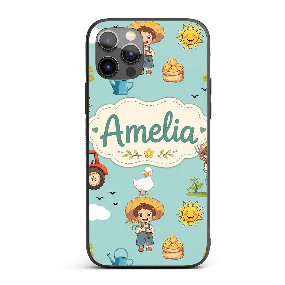 Cute Farm Tractor Duck Girl Sunny Field Teal Custom Name Protective Phone Case Mobile Cover Durable Everyday Smartphone Shock Resistant
