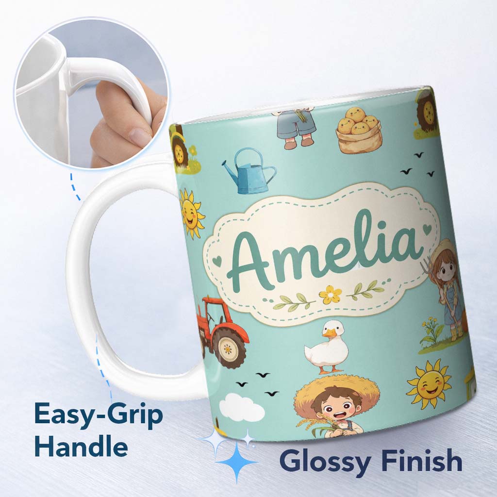Personalized Custom Name Cute Farm Tractor Duck Girl Sunny Field Teal Background Seamless 11oz Ceramic Coffee Tea Mug White Large Handle