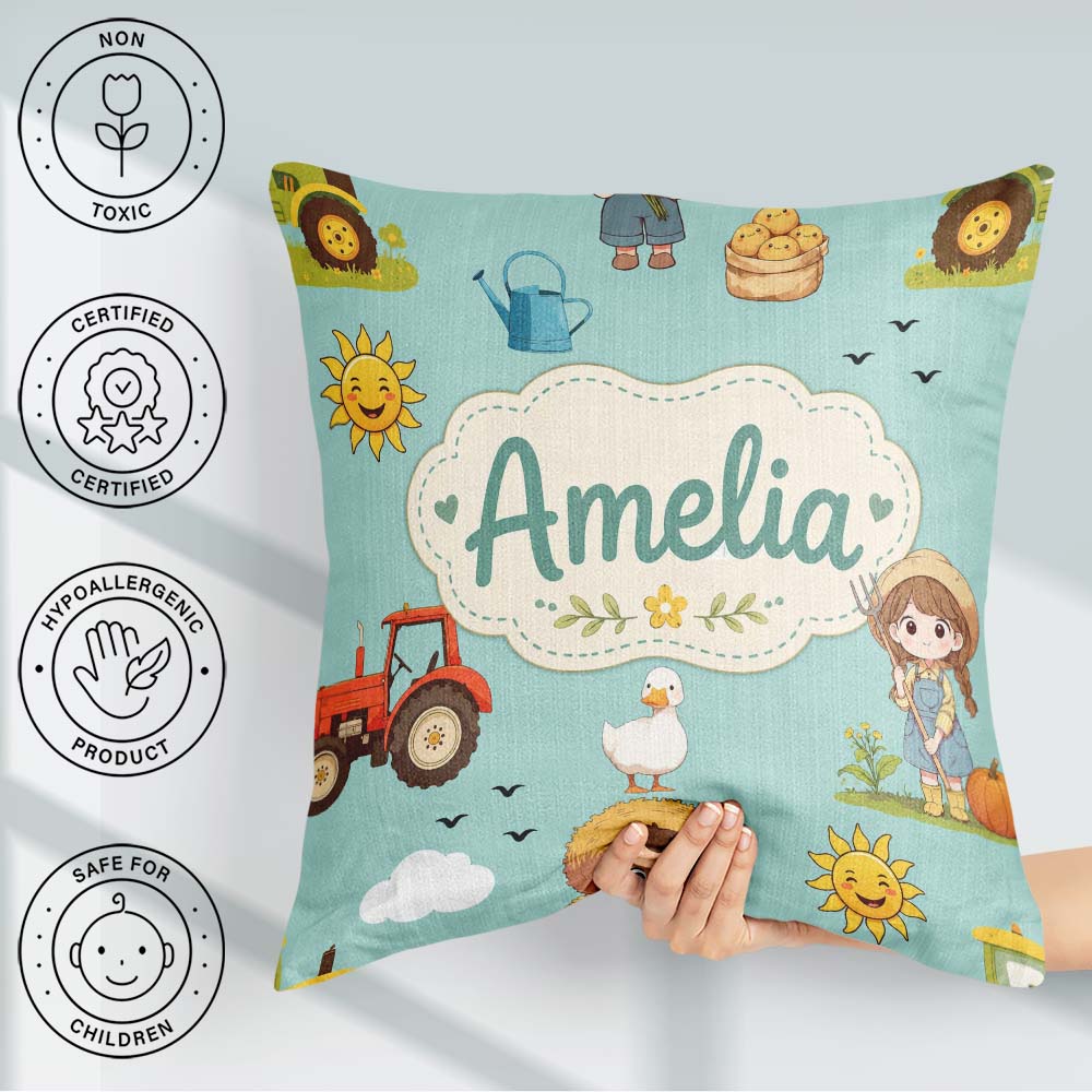 Custom Name Farm Duck Girl Sunny Field Teal Background Seamless Square Filled Cushion Throw Pillow Sofa Bed Home Decor Zip Washable UK Made