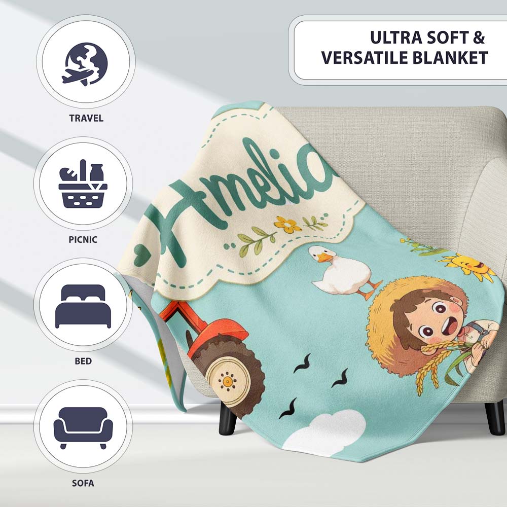 Cute Farm Tractor Duck Girl Sunny Field Teal Background Seamless Personalised Custom Name Super Soft Fleece Blanket Bed Sofa Throw