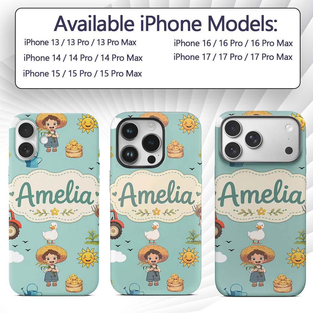 Cute Farm Tractor Duck Girl Sunny Field Teal Custom Name Protective Phone Case Mobile Cover Durable Everyday Smartphone Shock Resistant