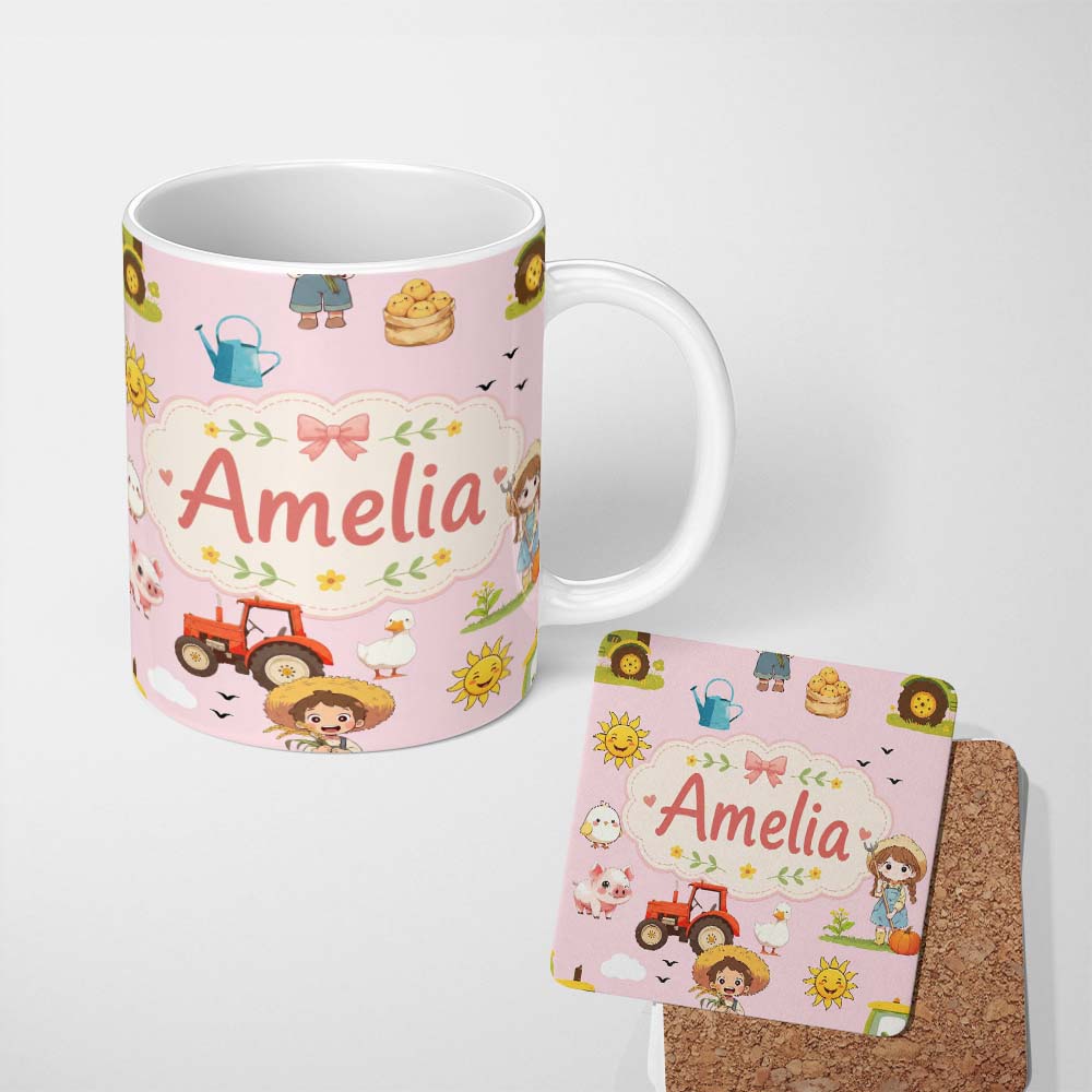 Personalized Custom Name Cute Farm Tractor Duck Girl Sunny Field Pink Background Seamless 11oz Ceramic Coffee Tea Mug White Large Handle