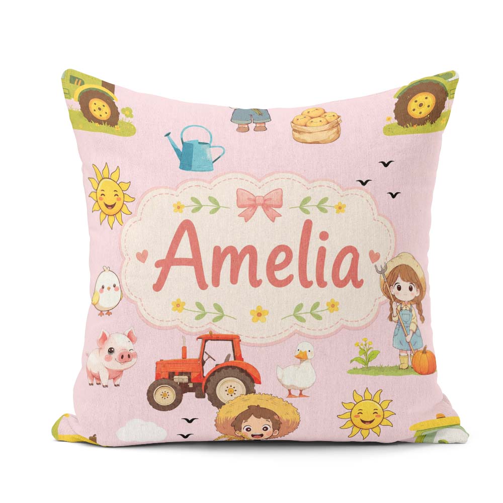 Custom Name Farm Duck Girl Sunny Field Pink Background Seamless Square Filled Cushion Throw Pillow Sofa Bed Home Decor Zip Washable UK Made