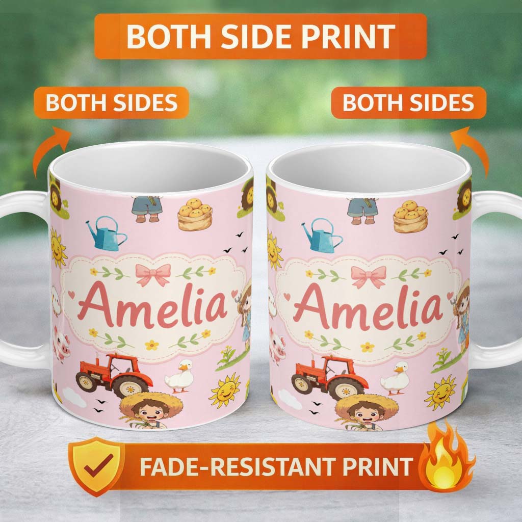 Personalized Custom Name Cute Farm Tractor Duck Girl Sunny Field Pink Background Seamless 11oz Ceramic Coffee Tea Mug White Large Handle