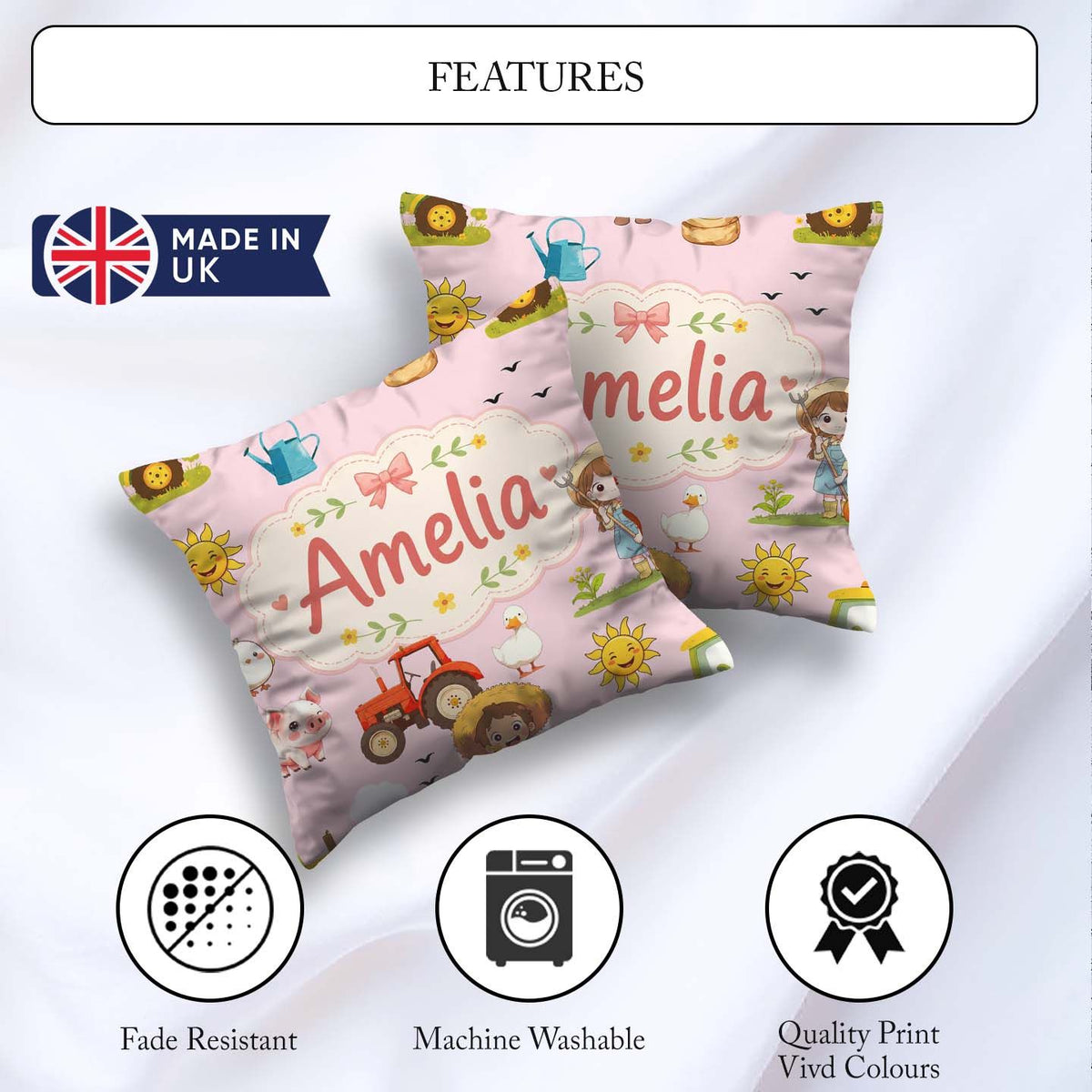 Custom Name Farm Duck Girl Sunny Field Pink Background Seamless Square Filled Cushion Throw Pillow Sofa Bed Home Decor Zip Washable UK Made