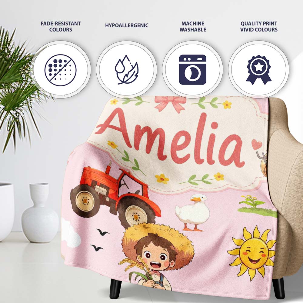 Cute Farm Tractor Duck Girl Sunny Field Pink Background Seamless Personalised Custom Name Super Soft Fleece Blanket Bed Sofa Throw