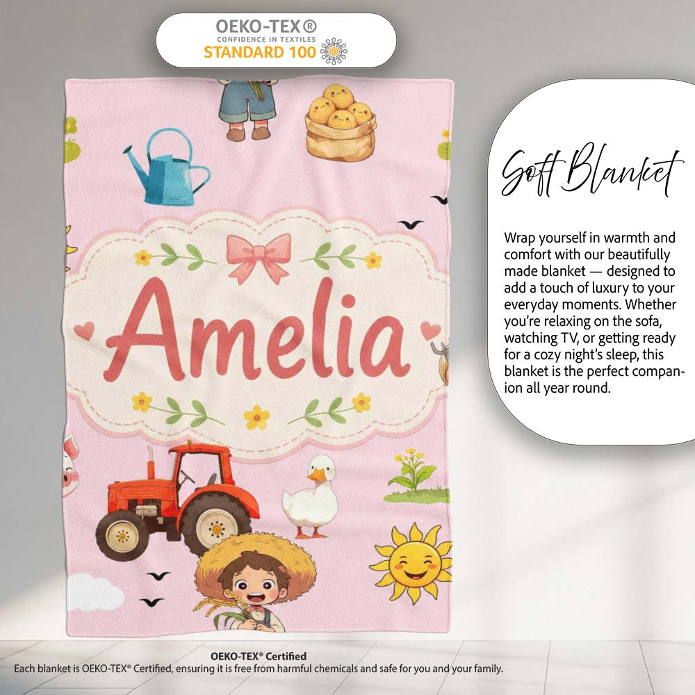 Cute Farm Tractor Duck Girl Sunny Field Pink Background Seamless Personalised Custom Name Super Soft Fleece Blanket Bed Sofa Throw