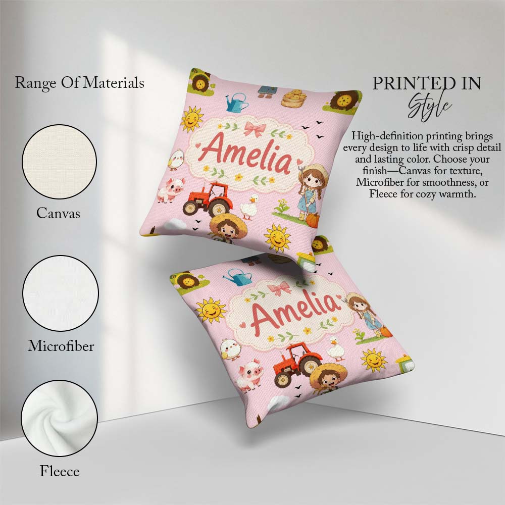 Custom Name Farm Duck Girl Sunny Field Pink Background Seamless Square Filled Cushion Throw Pillow Sofa Bed Home Decor Zip Washable UK Made