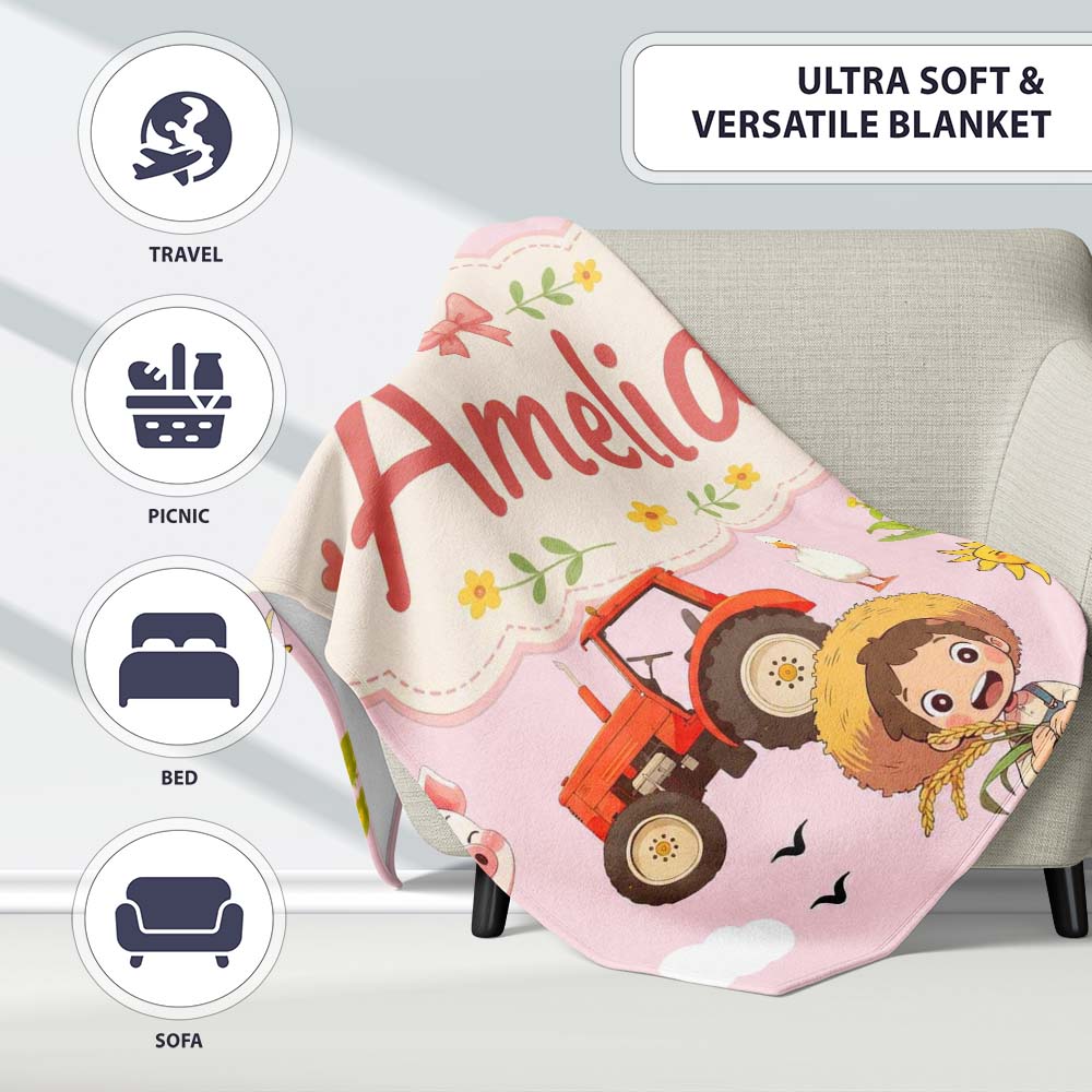 Cute Farm Tractor Duck Girl Sunny Field Pink Background Seamless Personalised Custom Name Super Soft Fleece Blanket Bed Sofa Throw