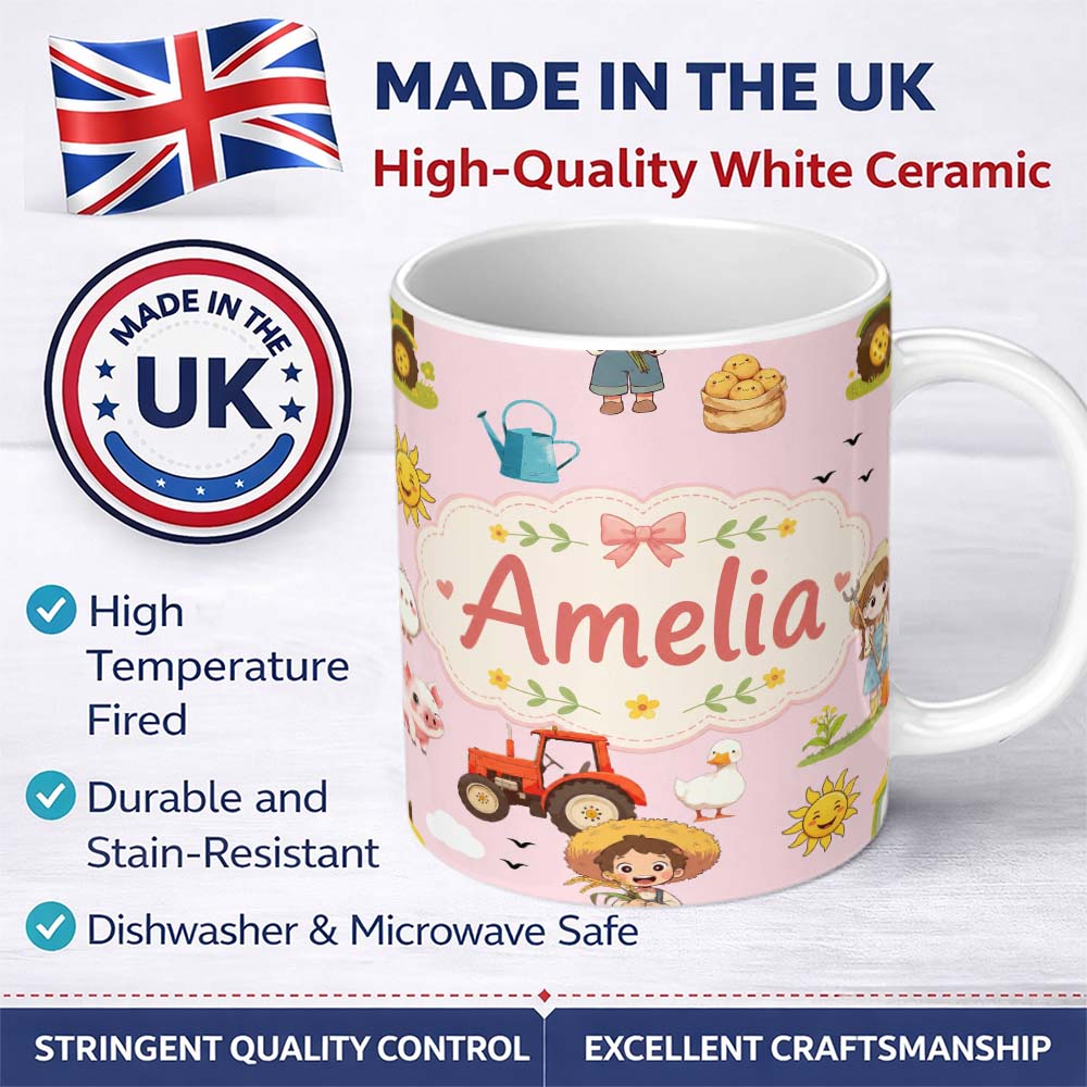 Personalized Custom Name Cute Farm Tractor Duck Girl Sunny Field Pink Background Seamless 11oz Ceramic Coffee Tea Mug White Large Handle