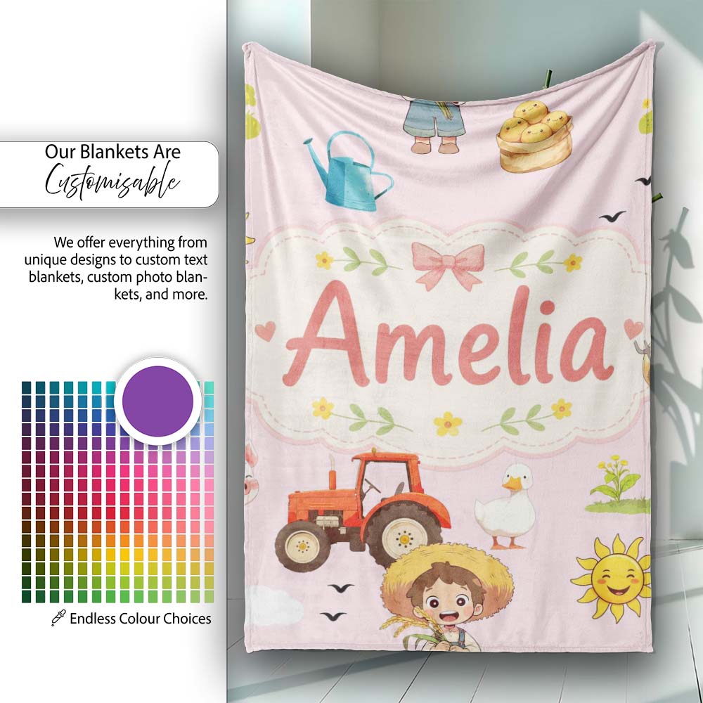 Cute Farm Tractor Duck Girl Sunny Field Pink Background Seamless Personalised Custom Name Super Soft Fleece Blanket Bed Sofa Throw