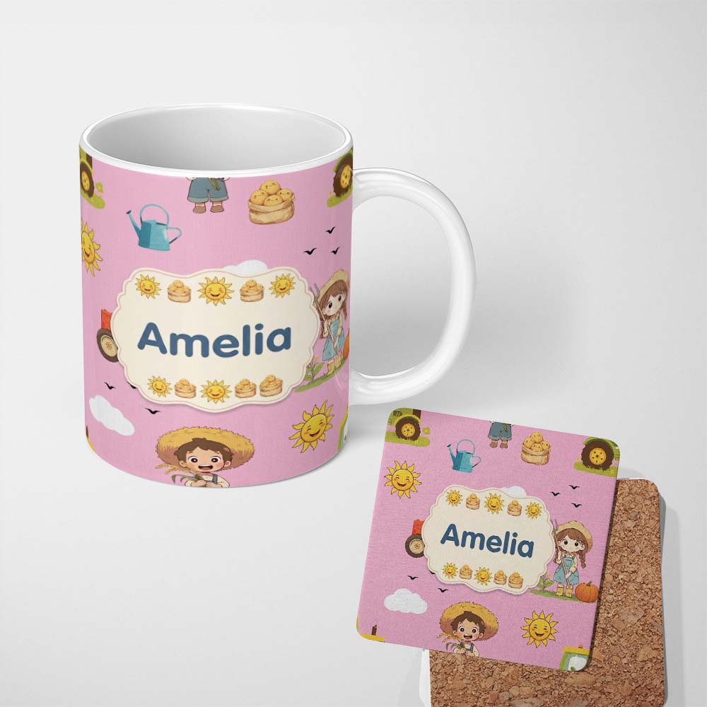 Personalized Custom Name Cute Farm Tractor Duck Girl Sunny Field Rose Background Seamless 11oz Ceramic Coffee Tea Mug White Large Handle