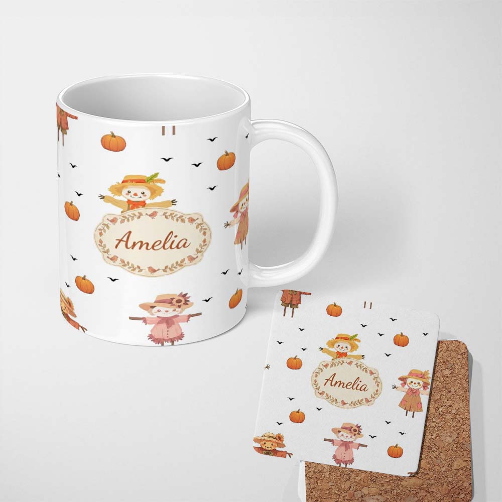 Personalized Custom Name Cute Scarecrow Pumpkin Autumn Field Grey Background Seamless 11oz Ceramic Coffee Tea Mug White Large Handle