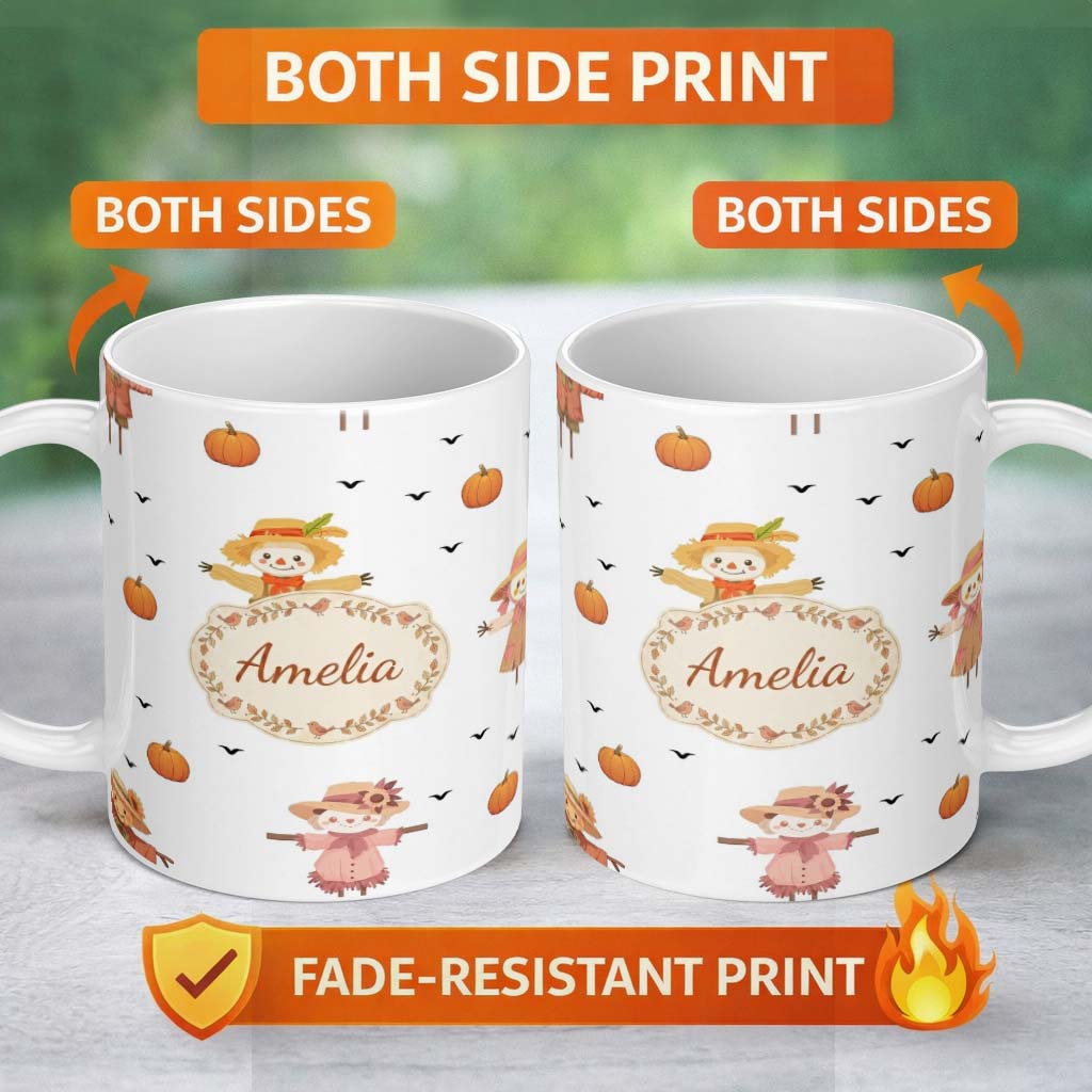 Personalized Custom Name Cute Scarecrow Pumpkin Autumn Field Grey Background Seamless 11oz Ceramic Coffee Tea Mug White Large Handle