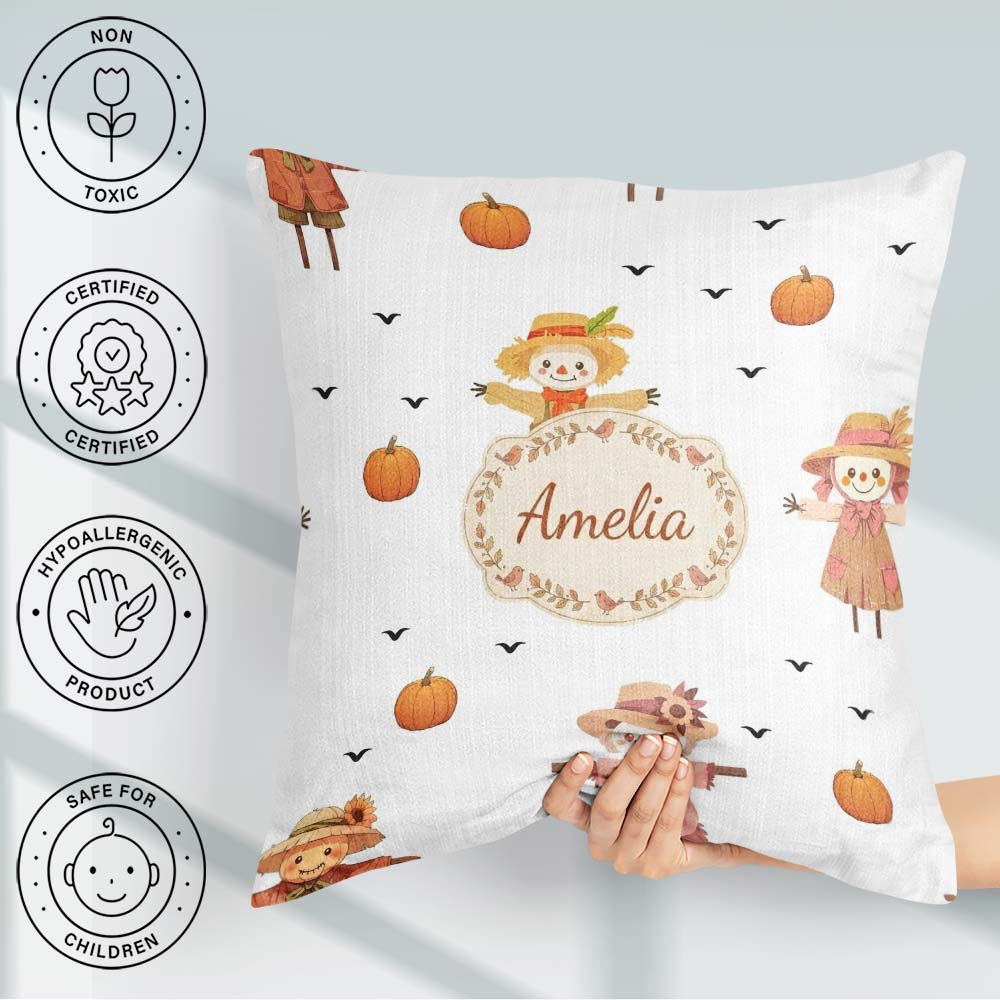 Custom Name Cute Scarecrow Autumn Field Grey Background Seamless Square Filled Cushion Throw Pillow Sofa Bed Home Decor Zip Washable UK Made