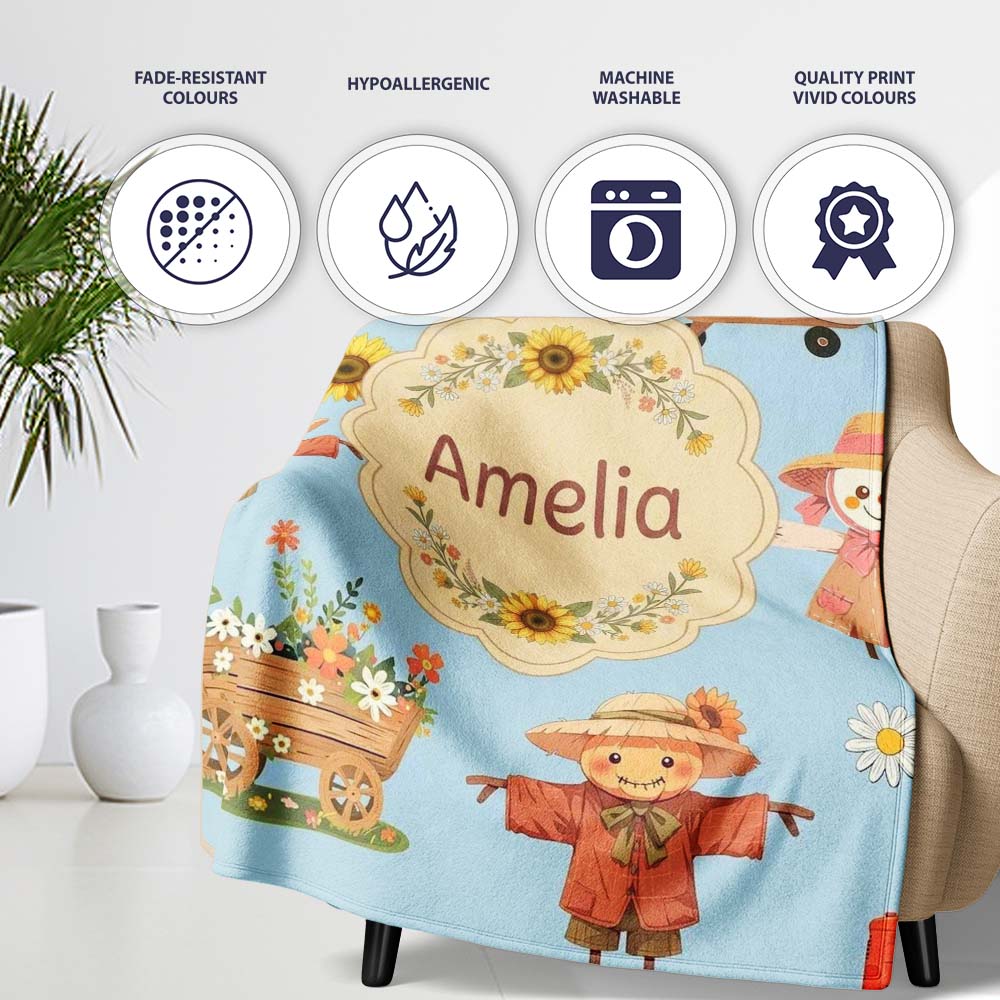 Cute Scarecrow Barn Sunflower Farm Blue Background Seamless Pattern Personalised Custom Name Super Soft Fleece Blanket Bed Sofa Throw