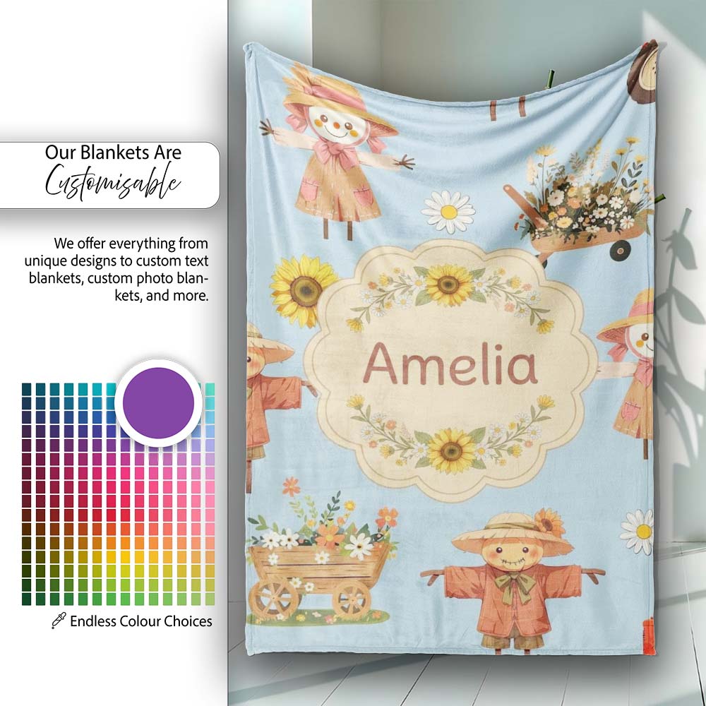 Cute Scarecrow Barn Sunflower Farm Blue Background Seamless Pattern Personalised Custom Name Super Soft Fleece Blanket Bed Sofa Throw