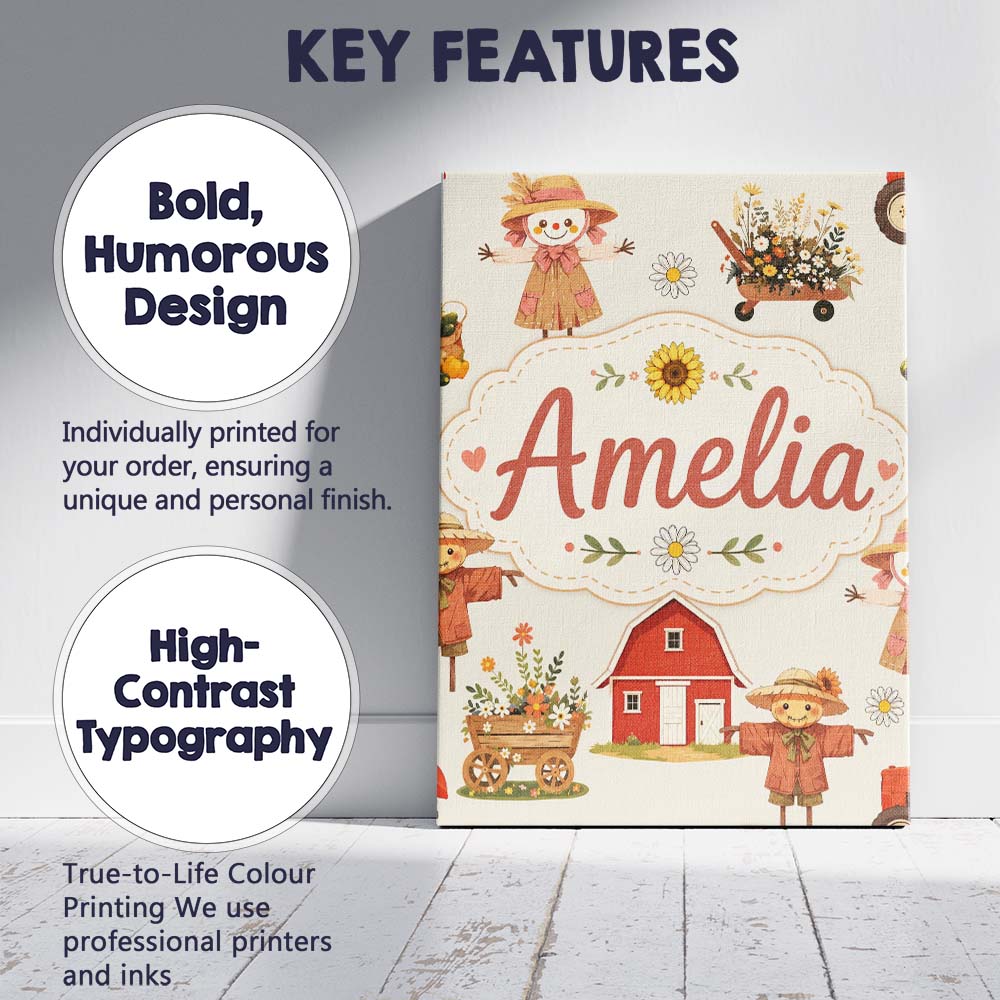 Personalised Name Cute Scarecrow Barn Custom Modern Room Accent Creative Decorator Style Canvas Wall Art Print Decor Picture Ready to Hang