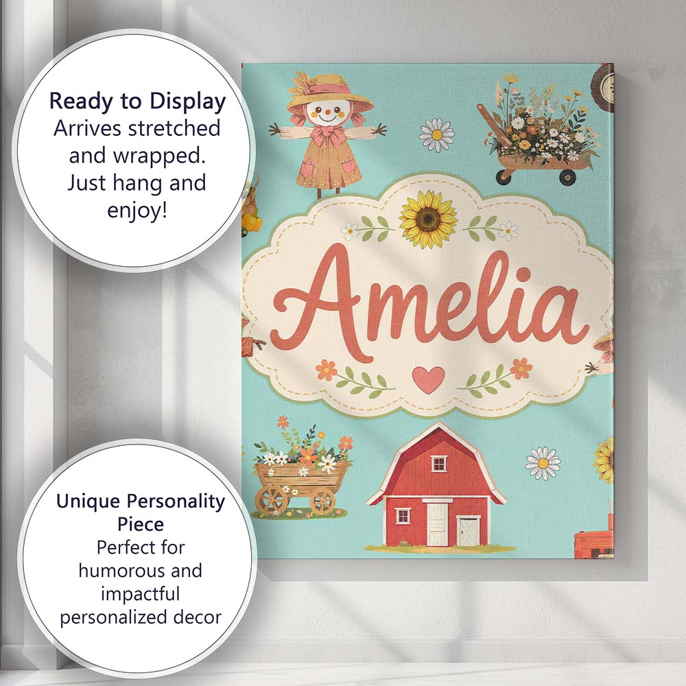Personalised Name Cute Scarecrow Barn Custom Modern Room Accent Creative Decorator Style Canvas Wall Art Print Decor Picture Ready to Hang