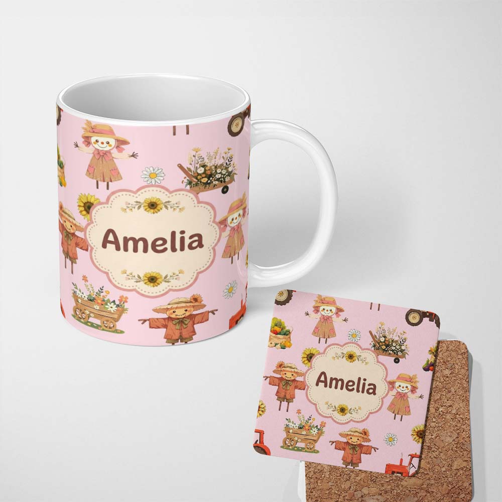 Personalized Custom Name Cute Scarecrow Barn Sunflower Farm Pink Background Seamless Pattern 11oz Ceramic Coffee Tea Mug White Large Handle