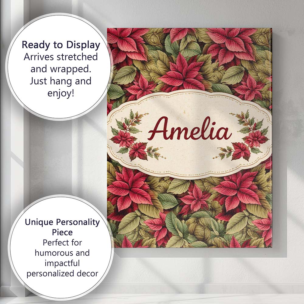Personalised Name Tropical Red Green Foliage Botanical Seamless Custom Statement Canvas Wall Art Print Decor Picture Ready to Hang