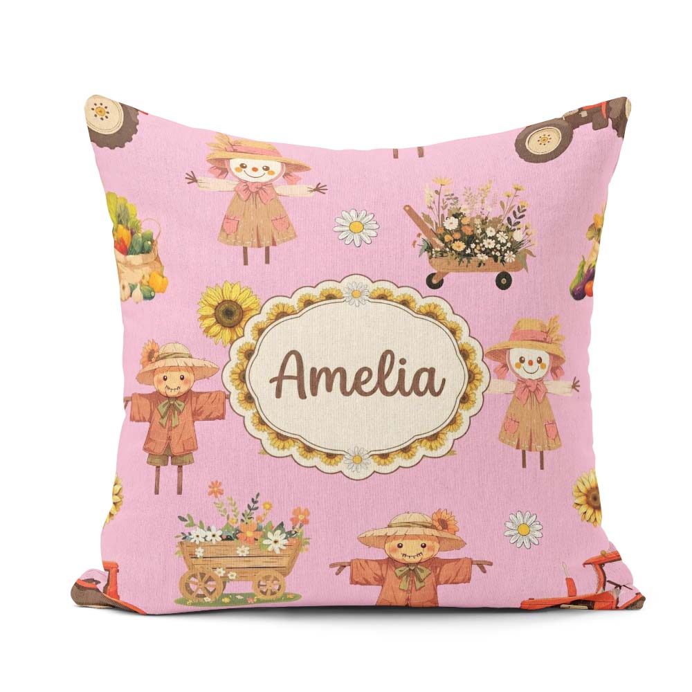Custom Name Scarecrow Barn Sunflower Farm Blush Pink Background Square Filled Cushion Throw Pillow Sofa Bed Home Decor Zip Washable UK Made