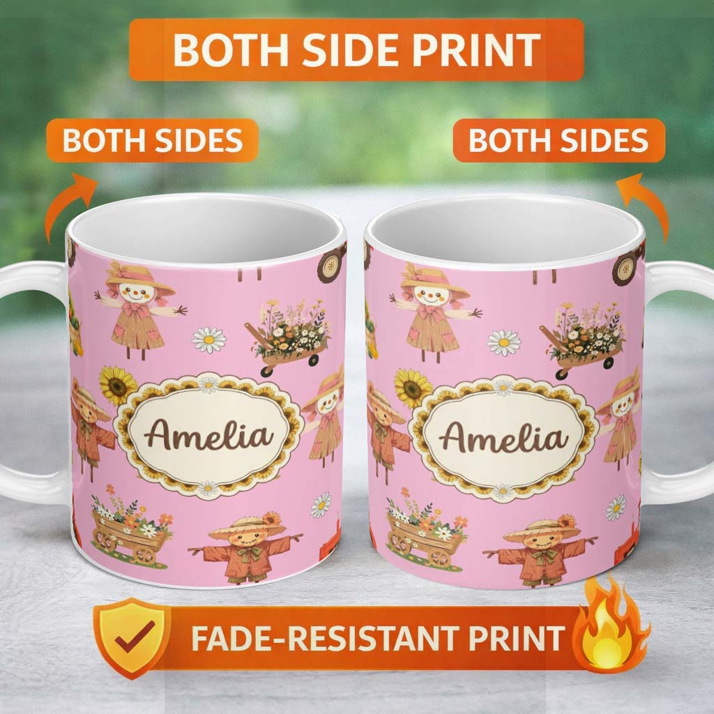 Personalized Custom Name Cute Scarecrow Barn Sunflower Farm Blush Pink Background Seamless 11oz Ceramic Coffee Tea Mug White Large Handle