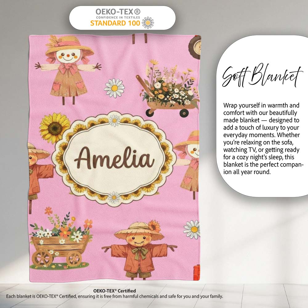 Cute Scarecrow Barn Sunflower Farm Blush Pink Background Seamless Personalised Custom Name Super Soft Fleece Blanket Bed Sofa Throw
