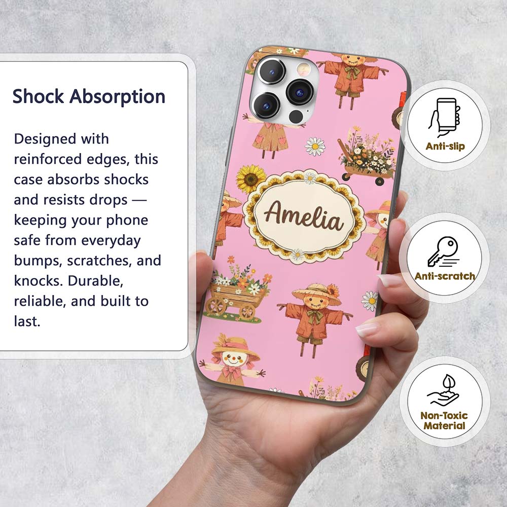 Cute Scarecrow Barn Sunflower Farm Blush Pink Custom Name Protective Phone Case Mobile Cover Durable Everyday Smartphone Shock Resistant