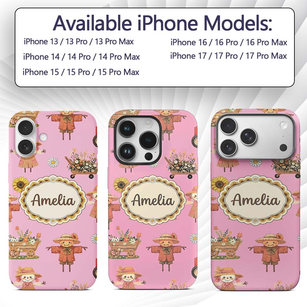 Cute Scarecrow Barn Sunflower Farm Blush Pink Custom Name Protective Phone Case Mobile Cover Durable Everyday Smartphone Shock Resistant