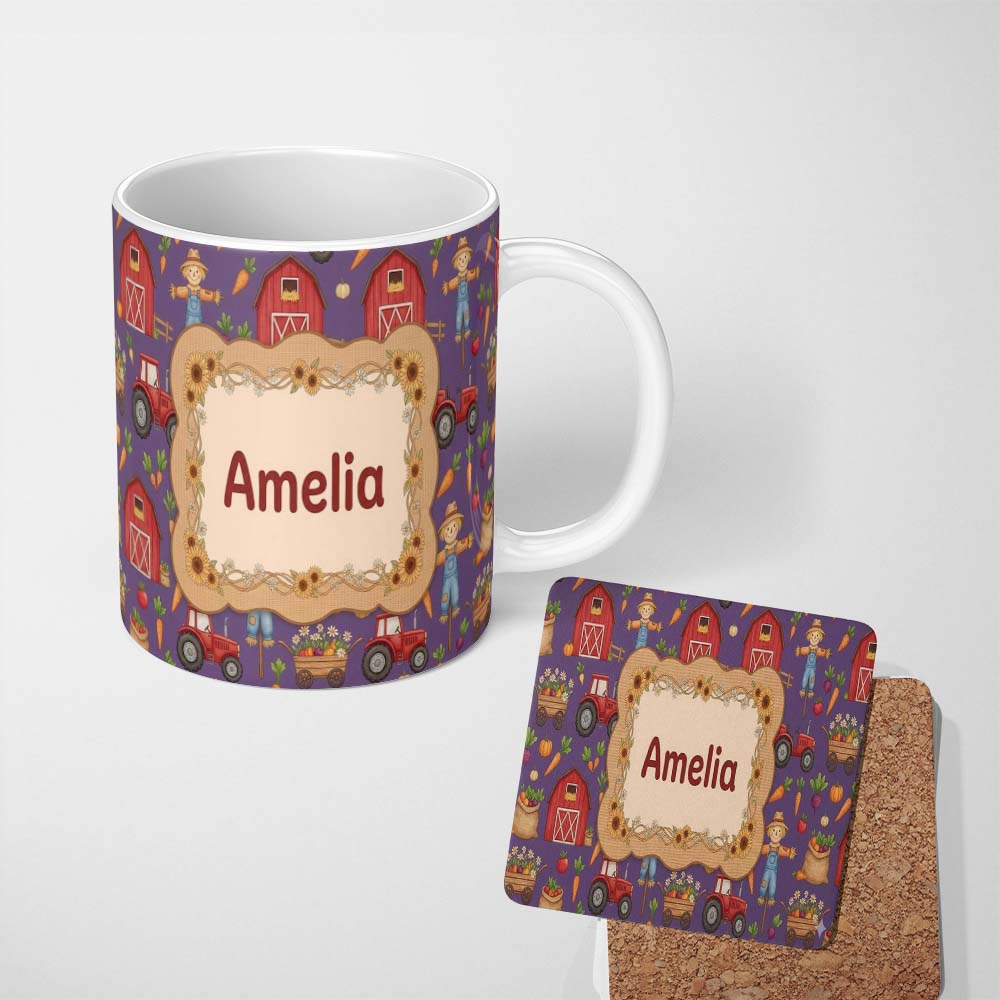 Personalized Custom Name Cute Scarecrow Barn Sunflower Farm Purple Background Seamless 11oz Ceramic Coffee Tea Mug White Large Handle